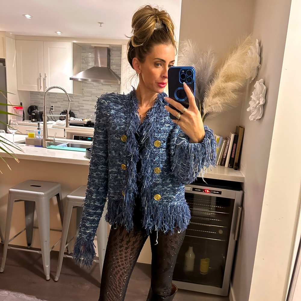 Balmain Beautiful multicolour blue tweed and fringe blazer!